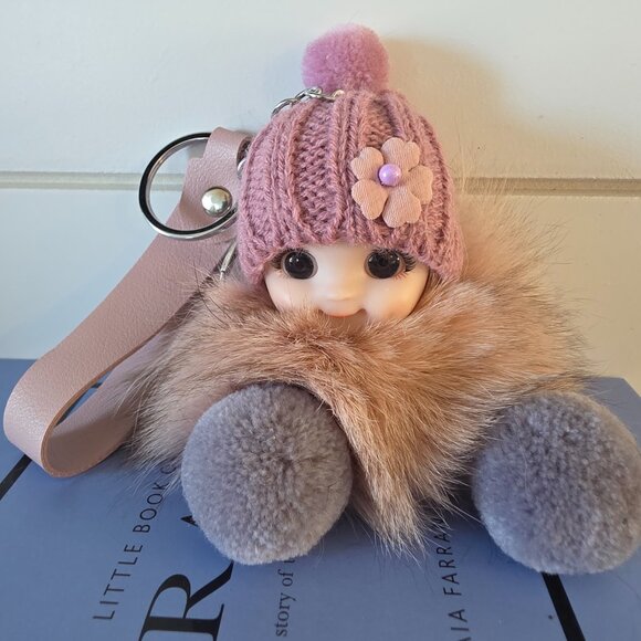 Cute Smiling Fur Baby Keychain with LOVE tag, Plush rabbit fur, Bag Charm - Picture 4 of 5